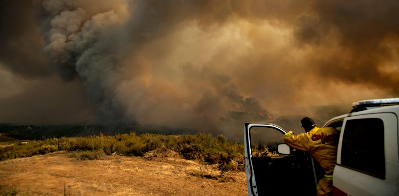 Man in CalFire jacket stands in open door of truck looking at smoke in the distance