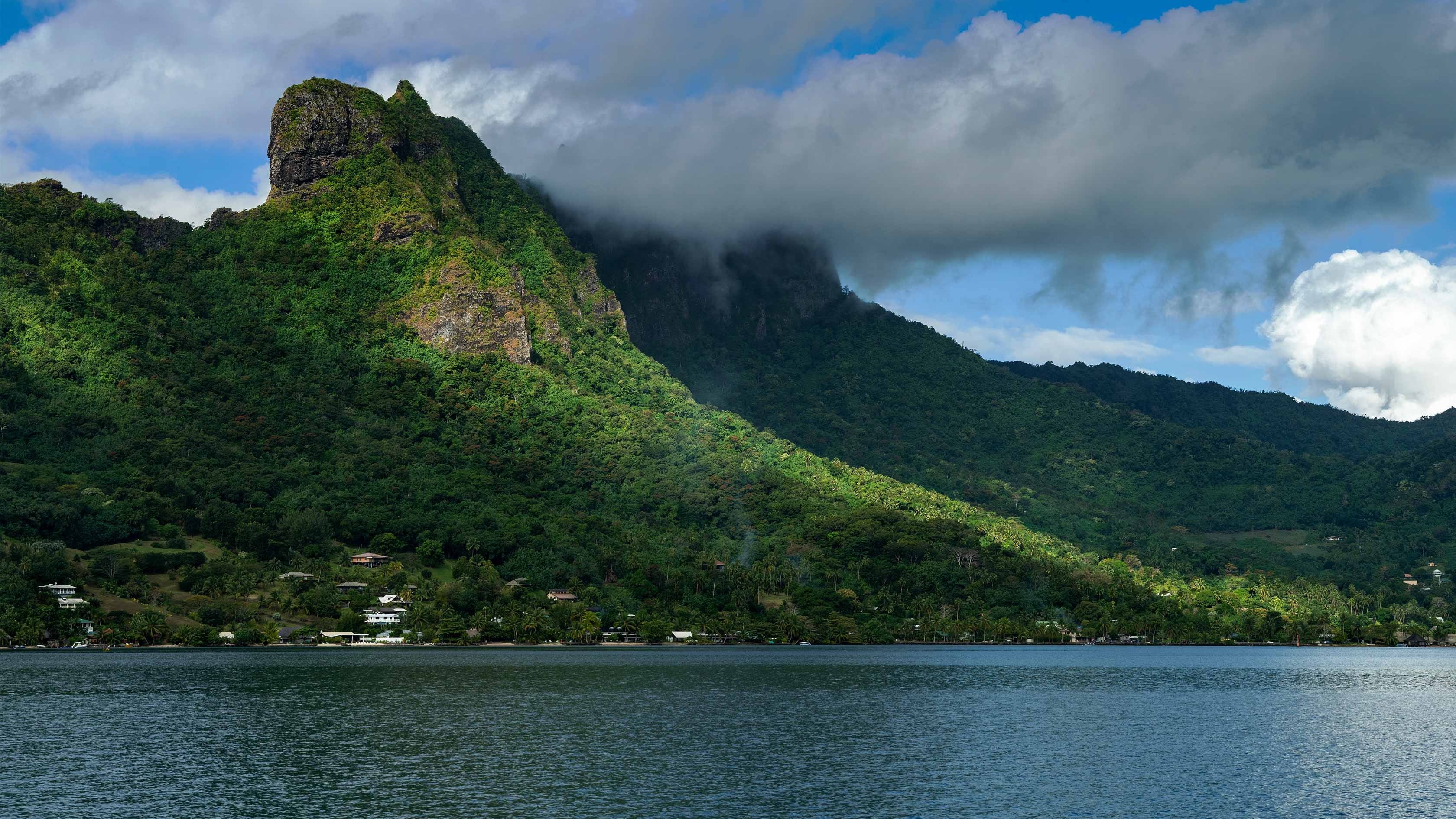 Green tropical island surrounded by blue water
