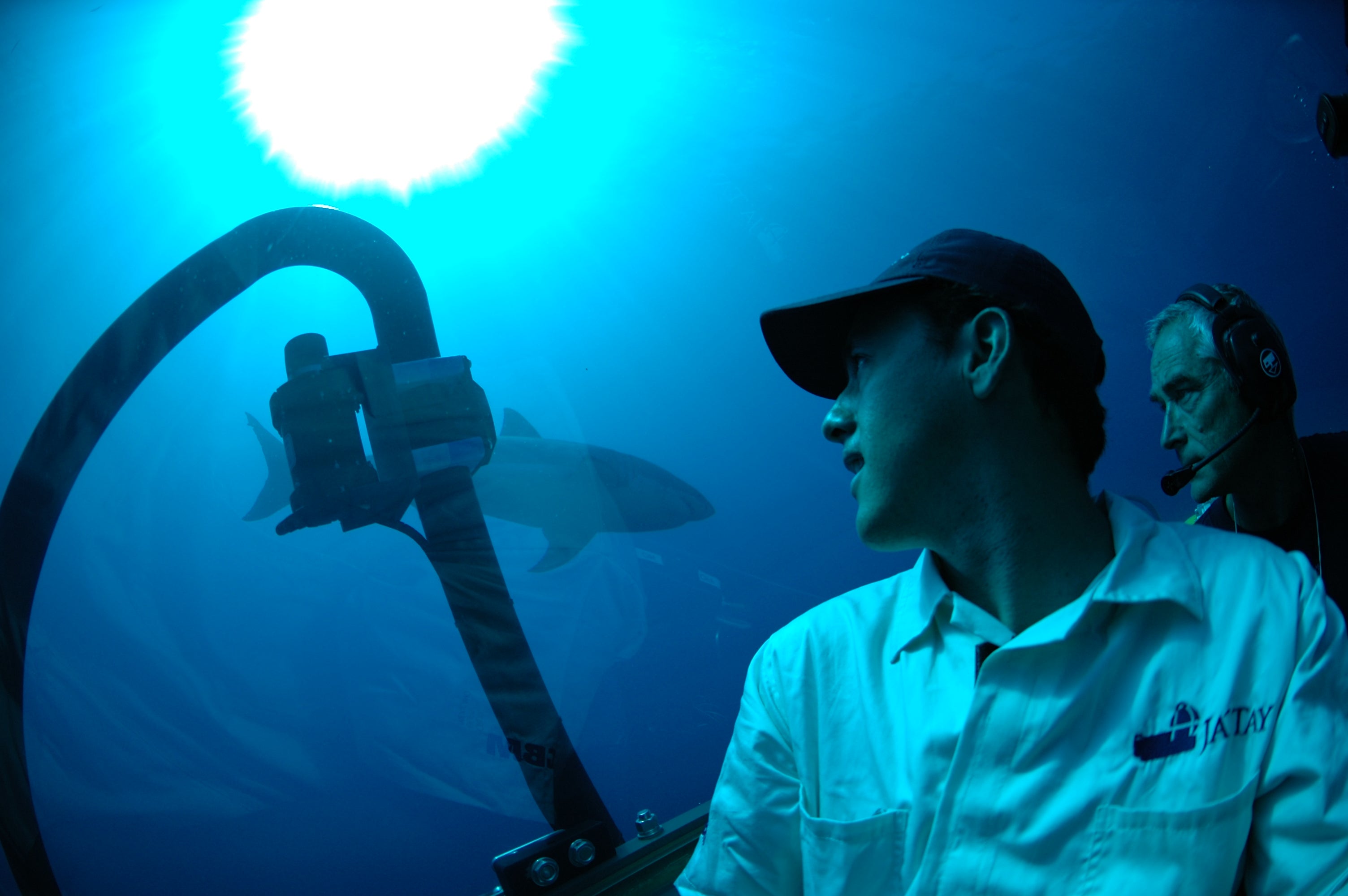 Maurcio Hoyos looks at a shark from inside a submersible vehicle