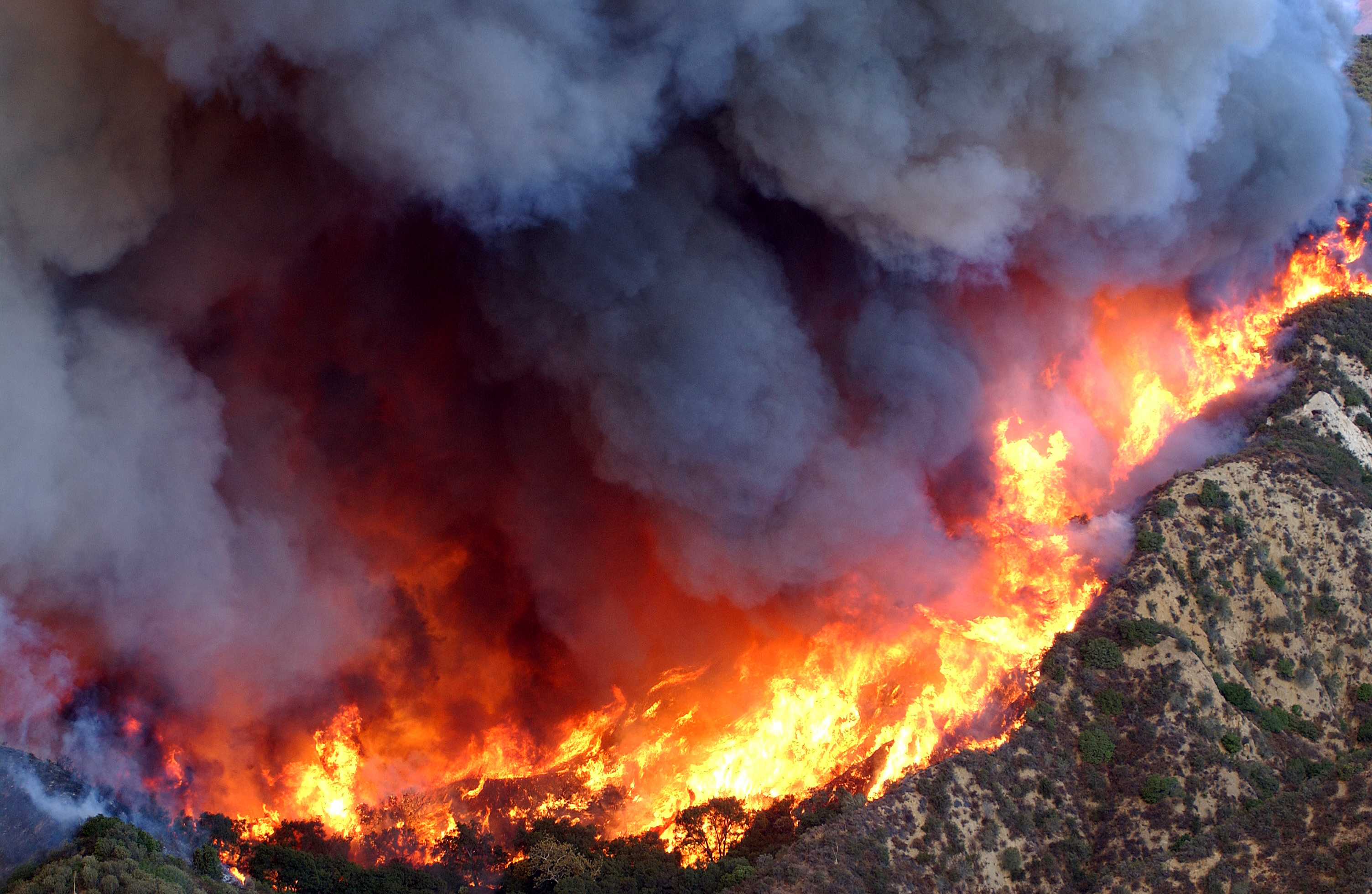 Aerial view of wildfire and smoke