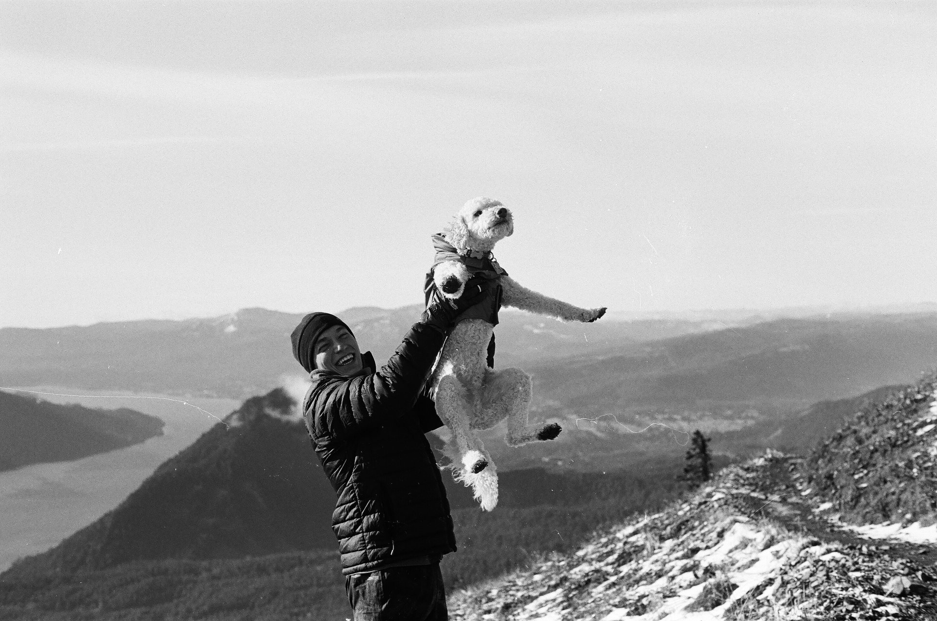 Joe and his dog Yogi hiking Dog Mountain in the Columbia River Gorge
