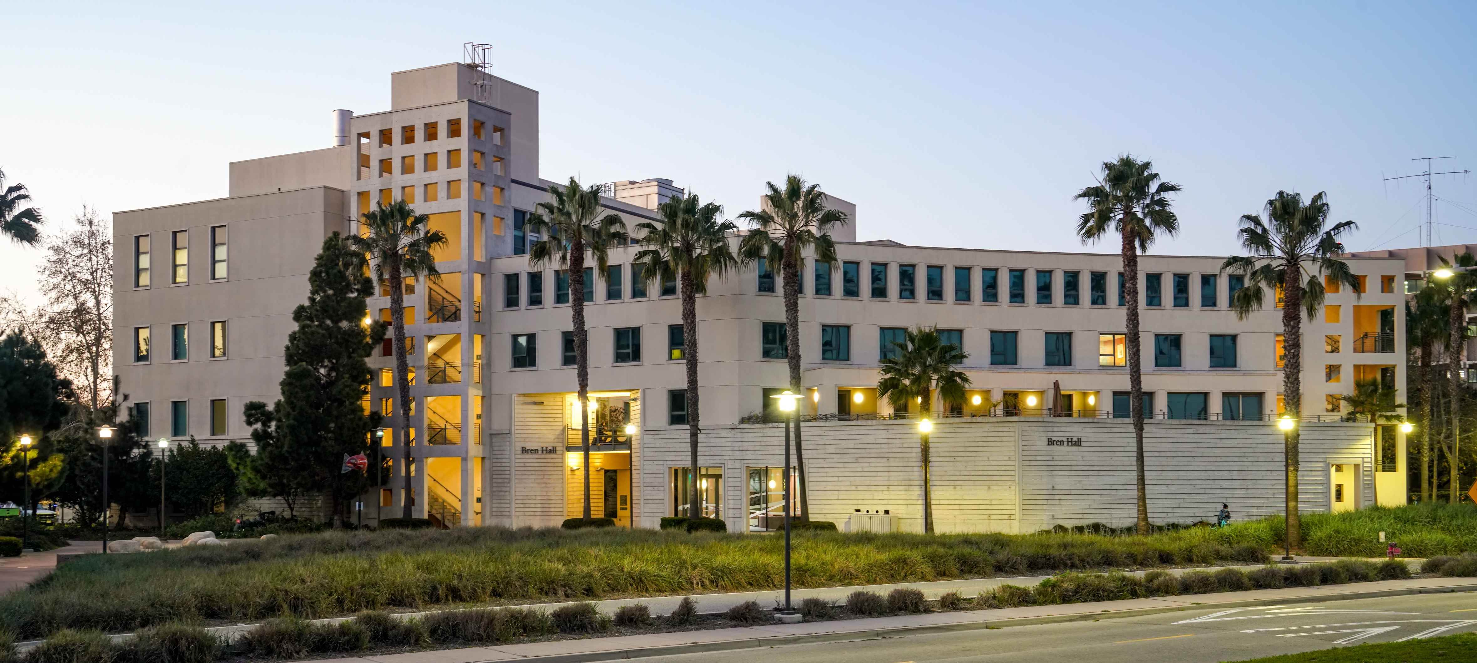 Evening exterior of Bren Hall building