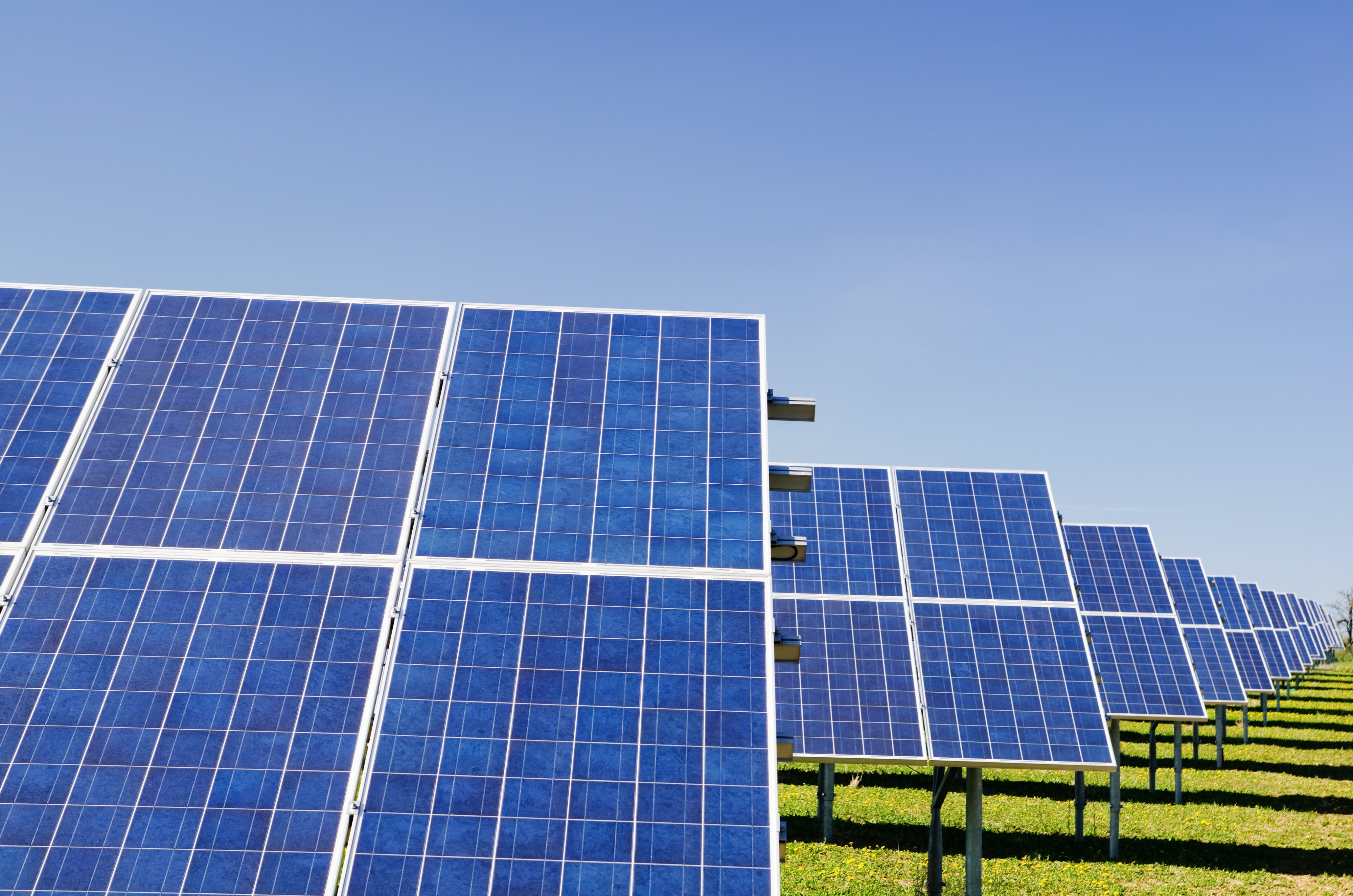 a row of solar panels on a green grass field, with light blue sky