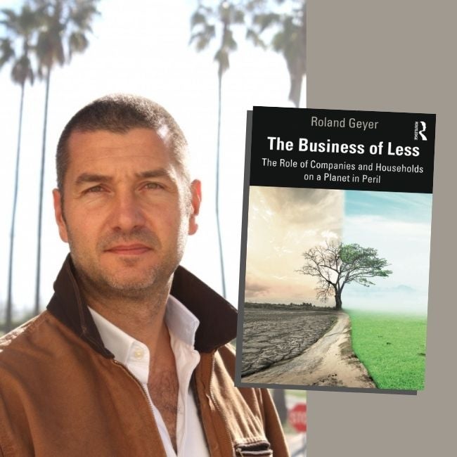 Headshot of a man outside next to image of a book cover: the business of less