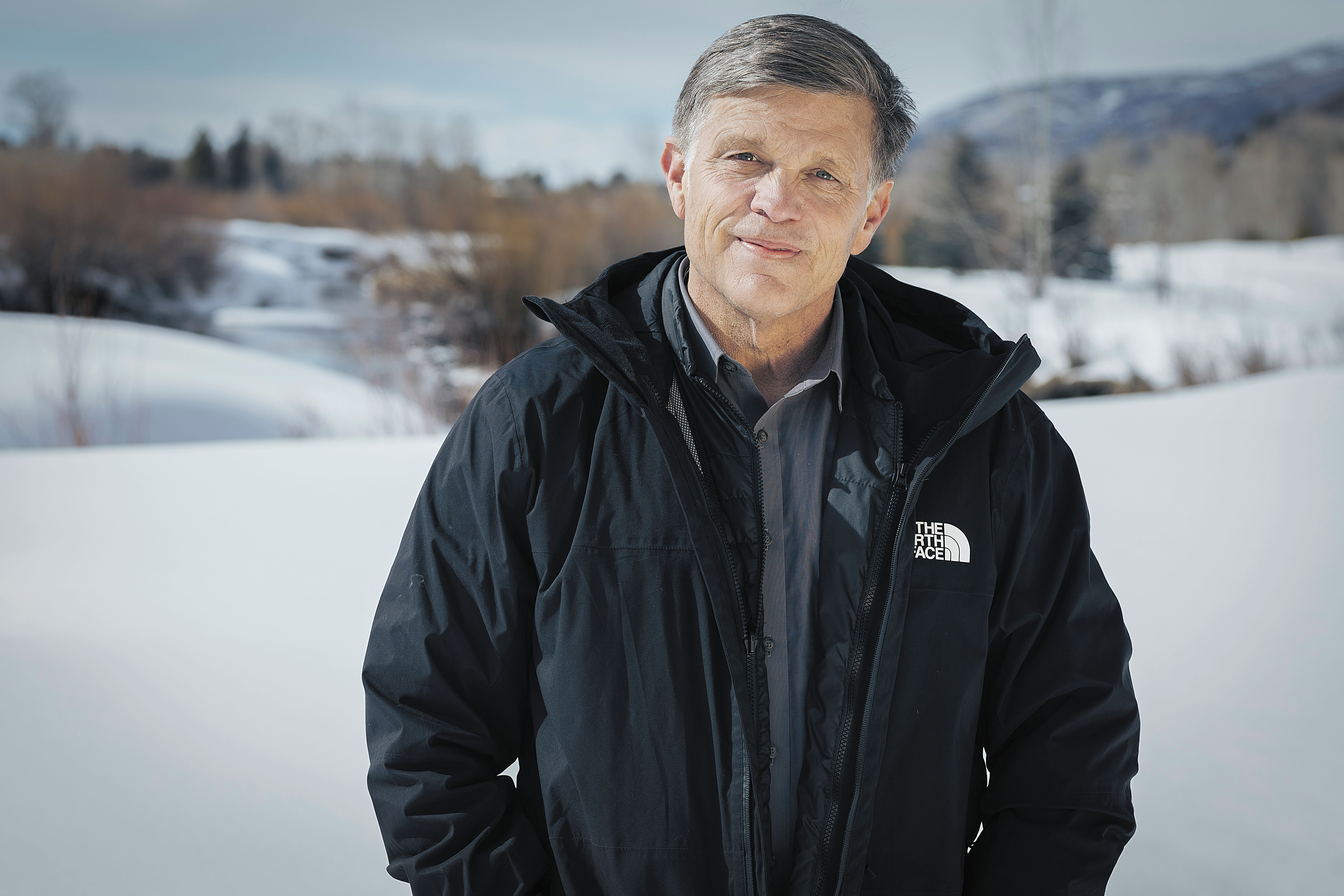Douglas Brinkley stands in the snow