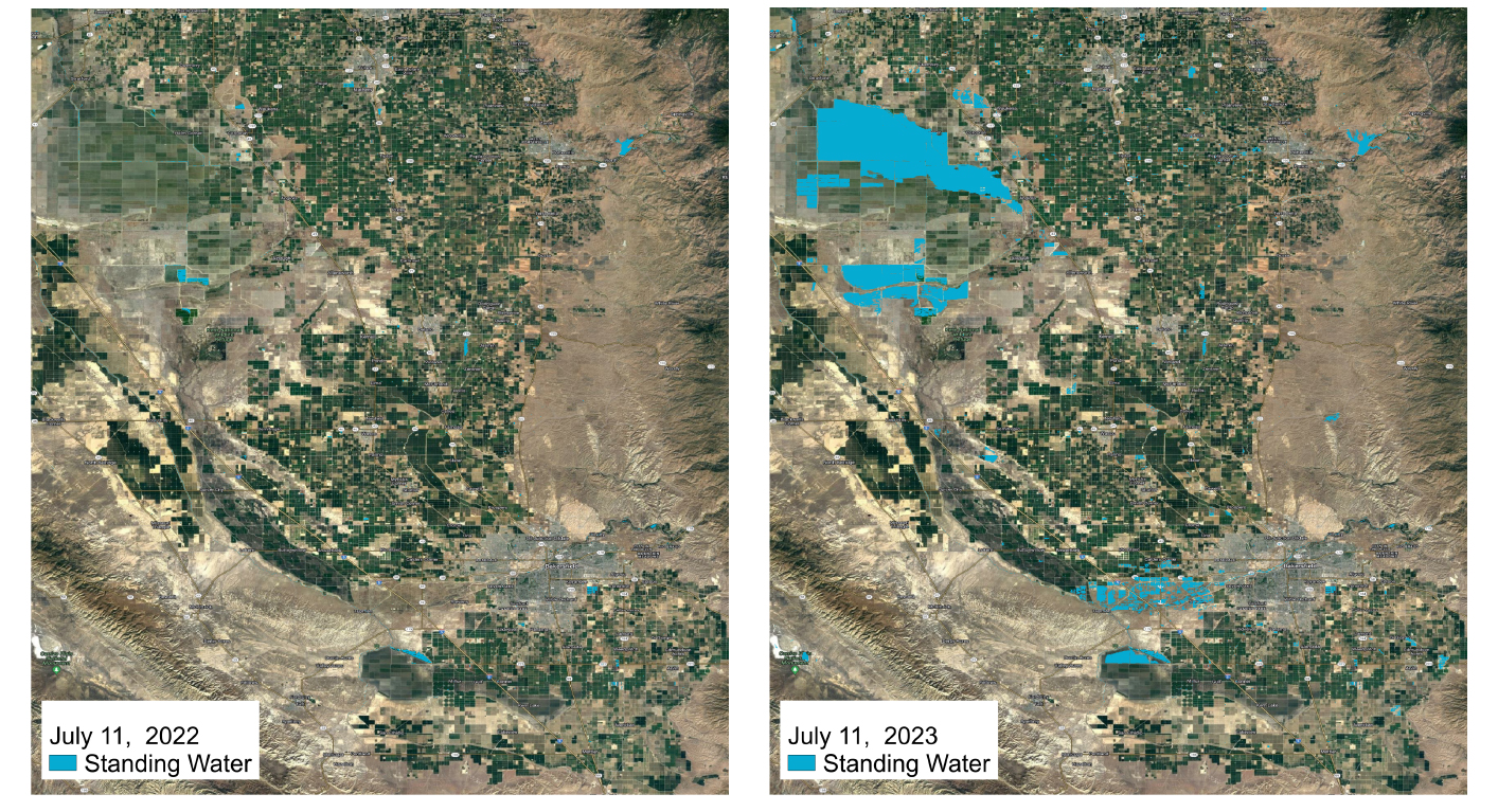 Comparison of standing water in California 2022 to 2023