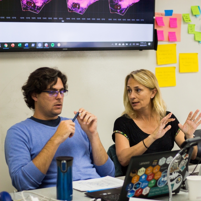 Students discuss data science at table with laptops