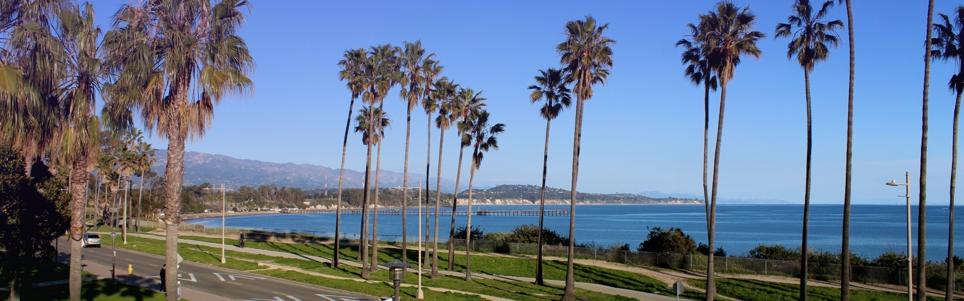 View from Bren Hall of ocean and palm trees