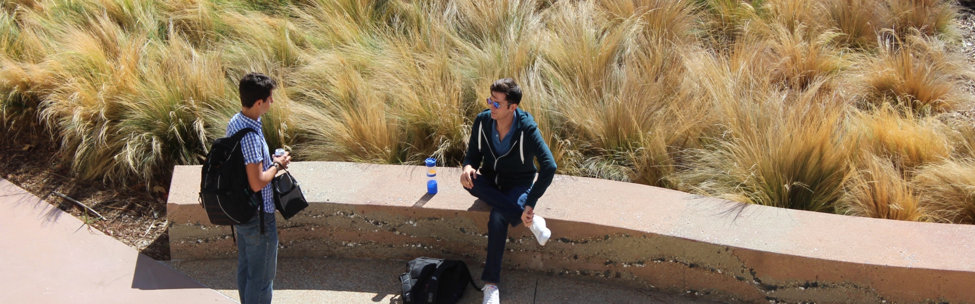 two people sitting on wall by grassy area