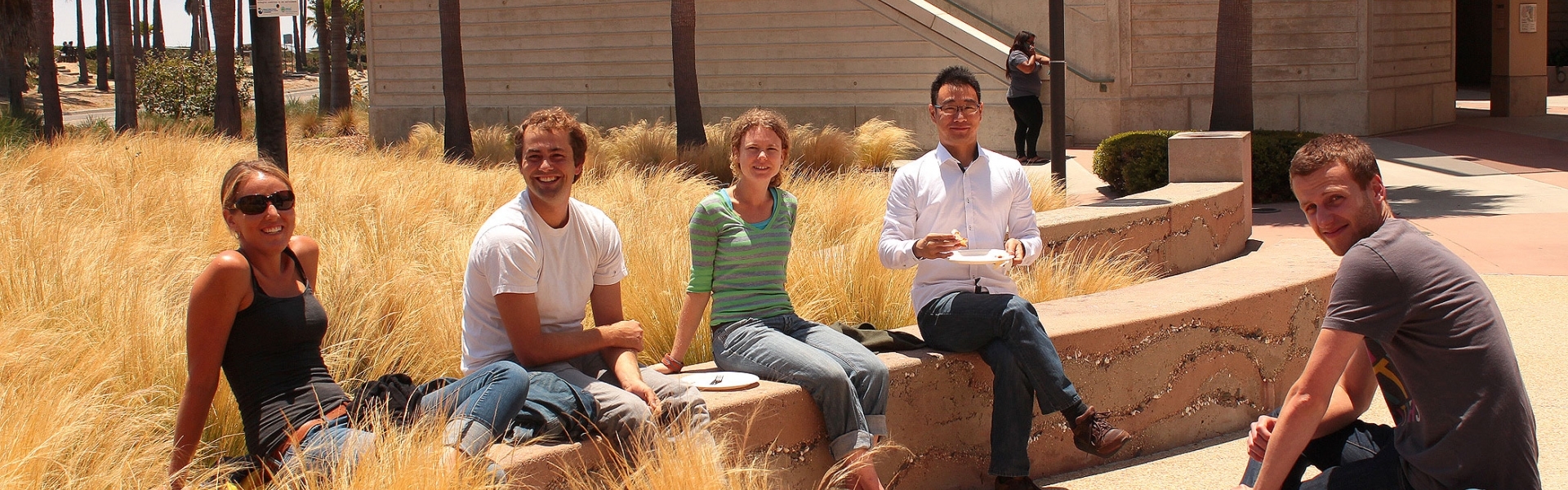 Five students sitting on stone benches by tall grass