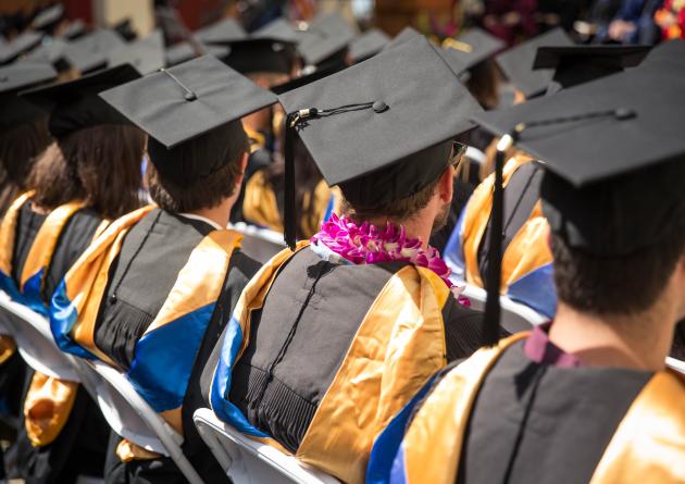 Graduates in cap and gown seen from behind at commencement