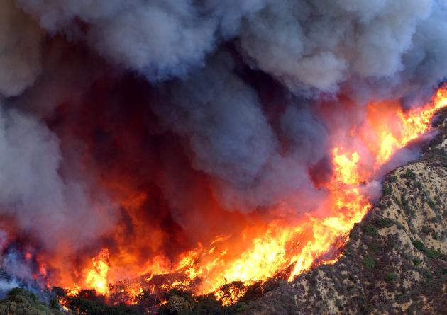 Aerial view of wildfire and smoke