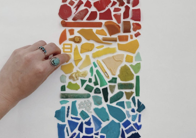 Hannah Tizedes' iconic mosaics of found plastic waste have been featured by the likes of powerhouse ENGO’s, reusable appliance brands, and apparel companies like Surfrider, Stasher, Chaco, and Pela.