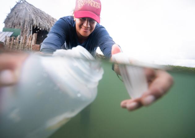 Kiana Frank collecting a water sample