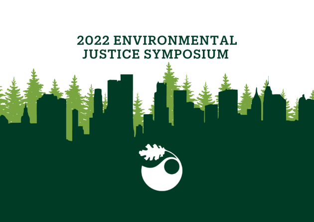 silhouette of trees and cityscape with text 2022 environmental justice symposium, and Bren logo