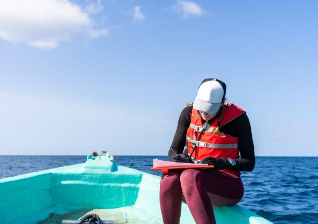 Marine biologist writing down data sitting on a boat