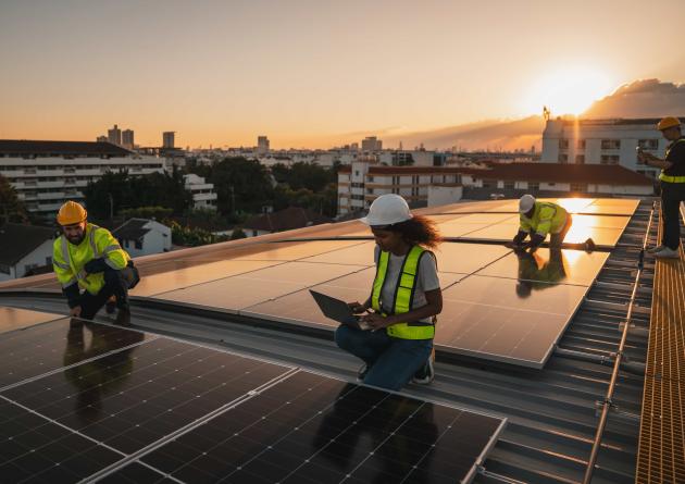 Service engineer checking solar cell on the roof for maintenance if there is a damaged part.