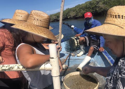 Foreground of fishermen in small motorboat wearing a straw hat. Captain in background