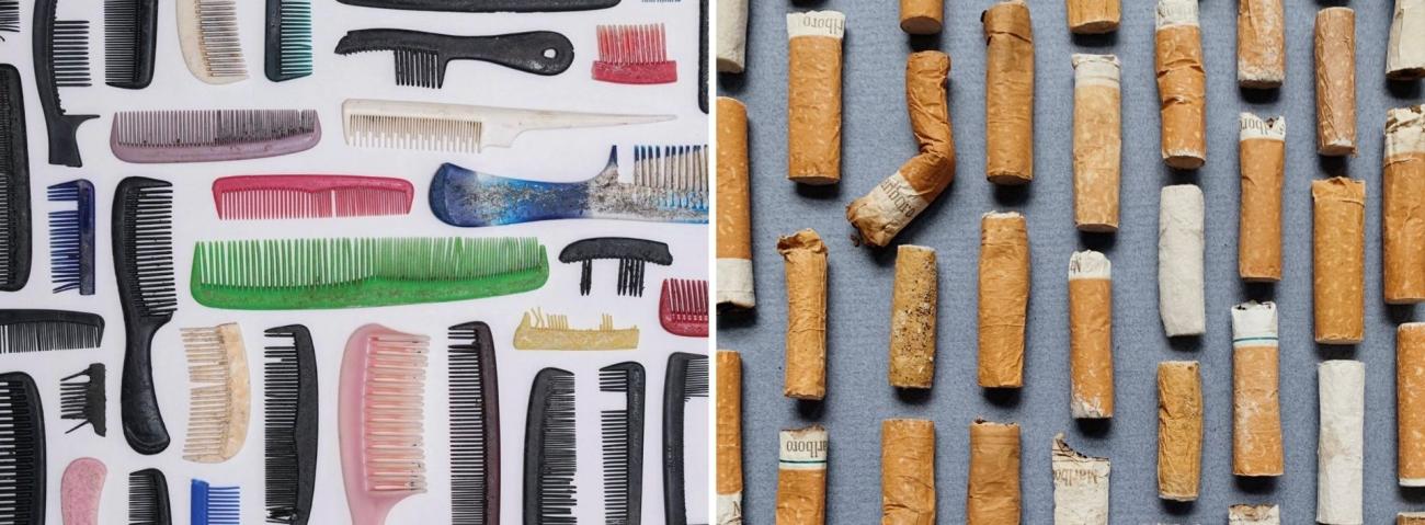 collage of plastic combs and cigarette butts