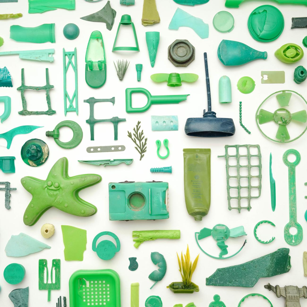 collage of green plastic trash