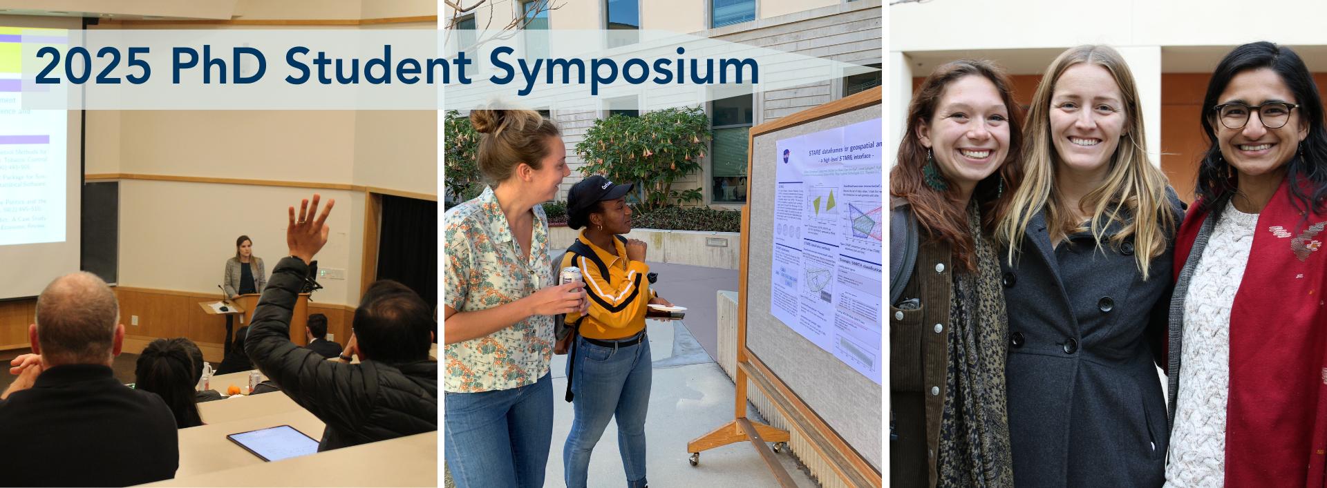 Collage of PhD students and symposium presentations