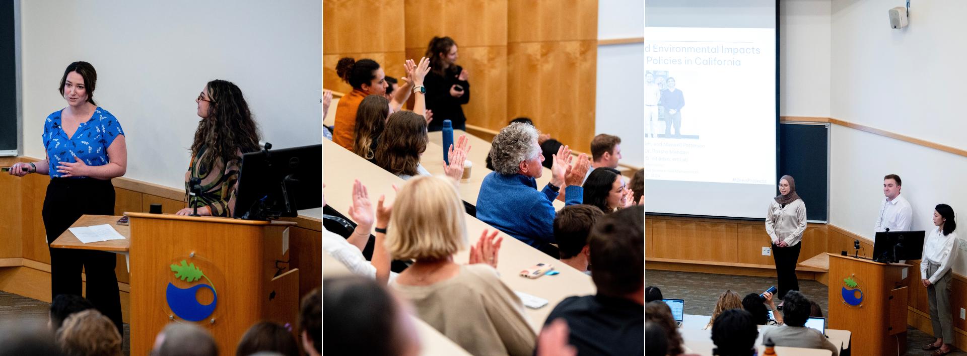 Collage of master's student groups presenting