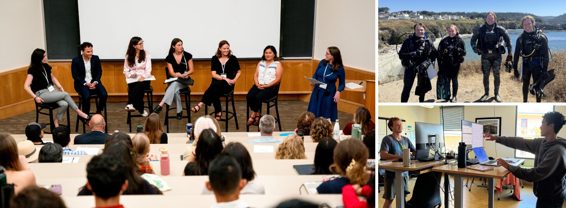 Collage of presenters at the symposium and students working