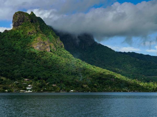 Green tropical island surrounded by blue water