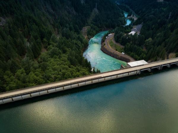 View of a dam on a river from above