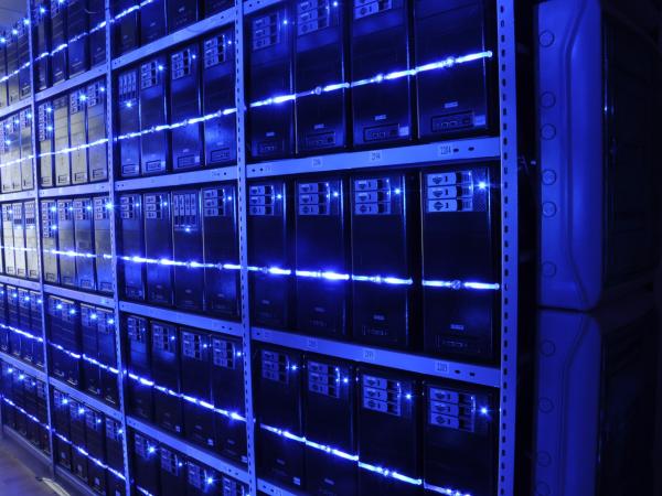 Racks of servers with blue lights
