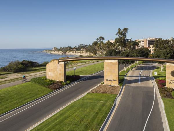 Aerial view of Henley Gate road into campus by beach