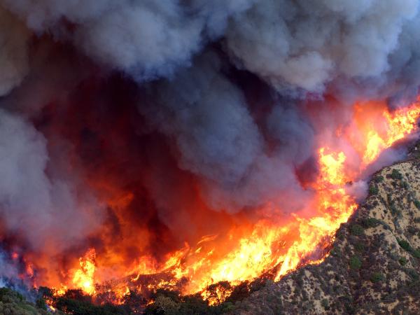 Aerial view of wildfire and smoke