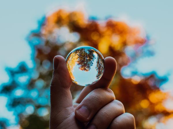 Hand holding a glass orb