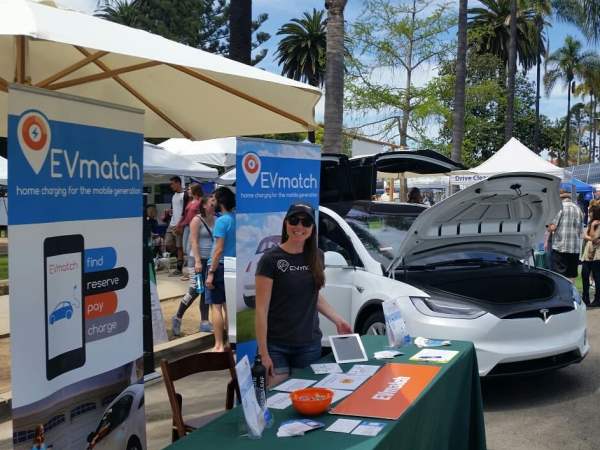 Person at outdoor booth at car show