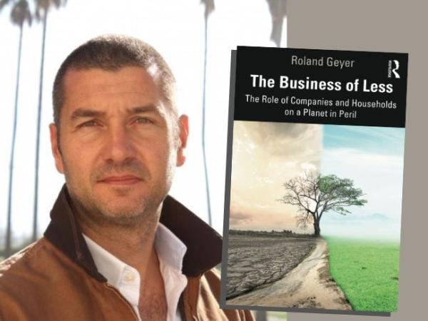 Headshot of a man outside next to image of a book cover: the business of less