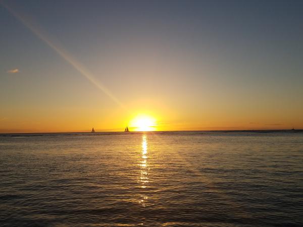 Ocean sunset, with the sun just on the horizon.  The sky is a dark blue, while the sunset is shades of yellow and orange.