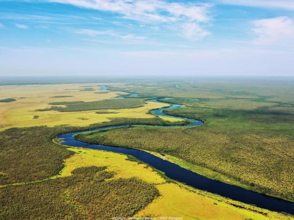 River running through a vast lush landscape, clouds in a blue sky 