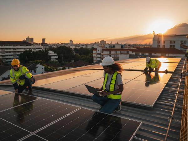 Service engineer checking solar cell on the roof for maintenance if there is a damaged part.